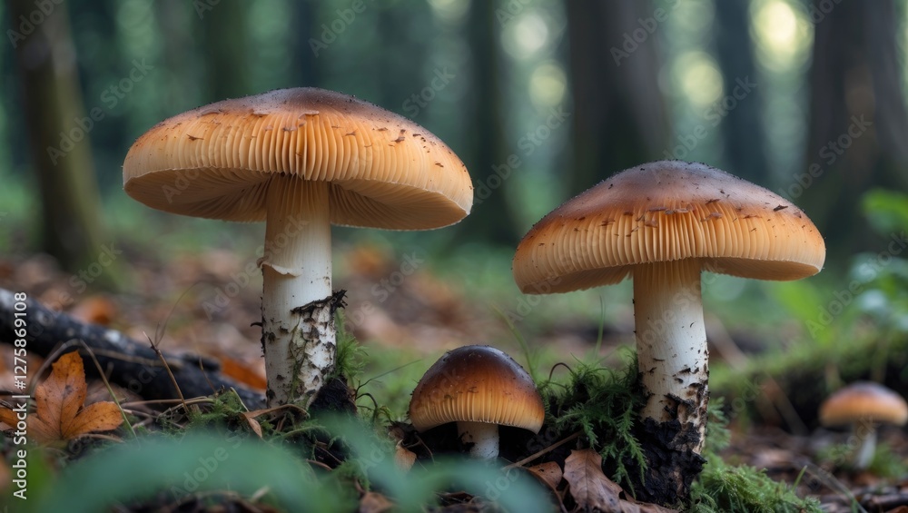 Fototapeta premium Autumn Forest Scene With Leccinellum Pseudoscabrum Mushrooms Surrounded By Greenery And Dappled Sunlight