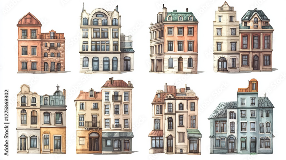 Urban retro building cartoon vector set illustration. Old residential and government buildings with shop or cafe on lower floor, isolated on white background Urban retro building cartoon vector set illustration. Old residential and government buildings with shop or cafe on lower floor, isolated on white background