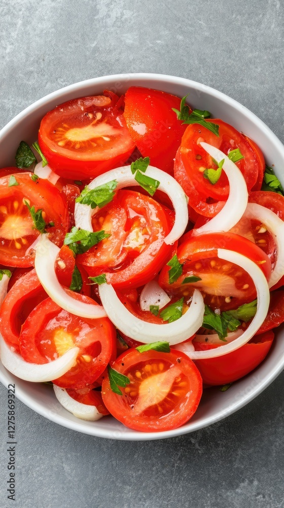 A delightful salad made with fresh tomatoes, onions, and a medley of herbs, served in a bowl—ideal for summer meals and barbecues! A delightful salad made with fresh tomatoes, onions, and a medley of herbs, served in a bowl—ideal for summer meals and barbecues!