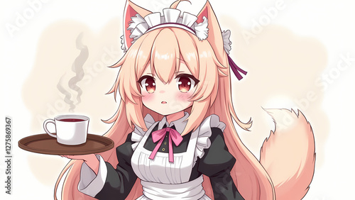 Kawaii anime catgirl in a frilly maid outfit