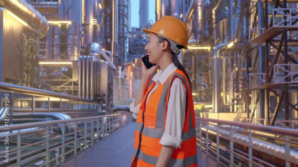 Side View Of Asian Female Engineer With Safety Helmet Talking On Smartphone While Standing At A Vast Oil Refinery Side View Of Asian Female Engineer With Safety Helmet Talking On Smartphone While Standing At A Vast Oil Refinery