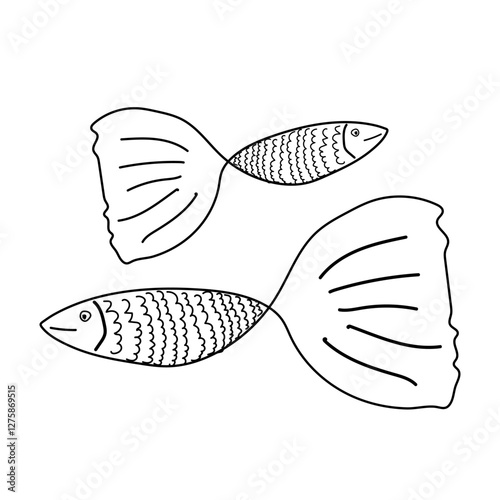 Black-and-white outline drawing of two fish with large fins and scales, ideal for a fun and creative coloring activity.