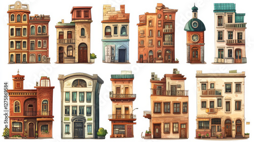 Urban retro building cartoon vector set illustration. Old residential and government buildings with shop or cafe on lower floor, isolated on white background