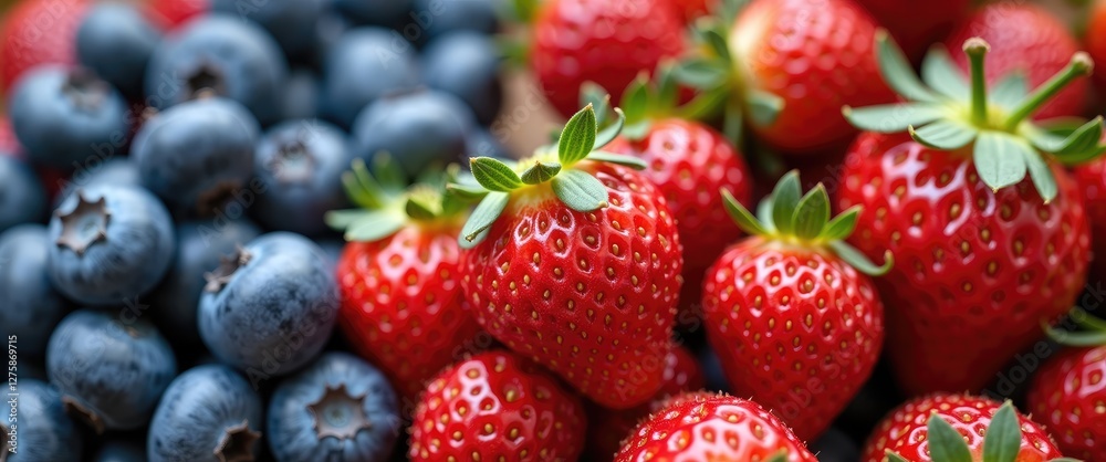 Obraz premium Vibrant Mix of Ripe Strawberries and Fresh Blueberries Summer Fruits for Healthy Eating and Low-Calorie Diet Still Life Composition