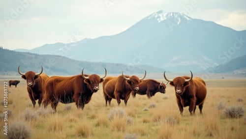 Yaks Grazing in a Serene National Park Landscape with Majestic Mountains and Expansive Empty Space for Text or Graphics photo