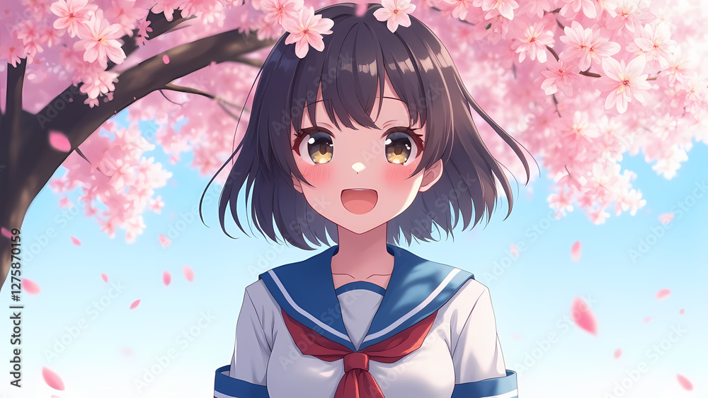 Cheerful anime schoolgirl in a sailor uniform with cherry blossoms Cheerful anime schoolgirl in a sailor uniform with cherry blossoms
