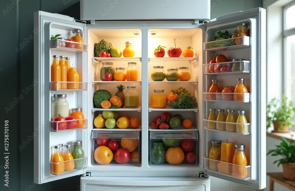 Open fridge full of fresh fruits, vegetables, juice bottles. Healthy food items and ingredients inside. Abundance of groceries on shelves for nourishment and balanced diet. Open fridge full of fresh fruits, vegetables, juice bottles. Healthy food items and ingredients inside. Abundance of groceries on shelves for nourishment and balanced diet.