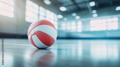 Volleyball ball on smooth surface with blurred lines of modern court photo