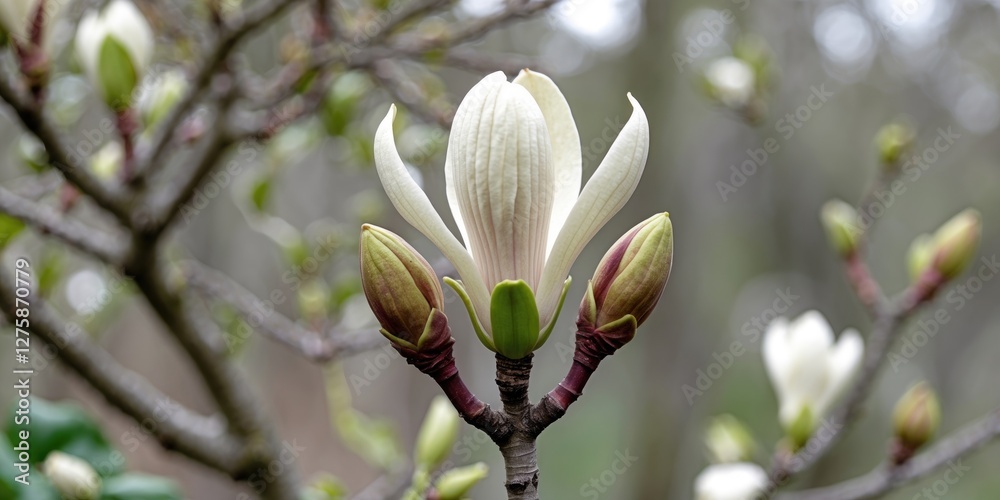 Magnolia Tree Buds and Flower in Bloom with Soft Focus Background for Text Overlay and Nature Inspired Themes Magnolia Tree Buds and Flower in Bloom with Soft Focus Background for Text Overlay and Nature Inspired Themes