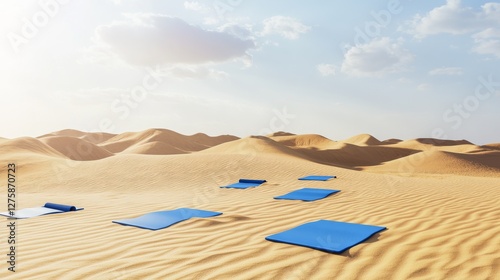 Fototapeta Naklejka Na Ścianę i Meble -  Shoulder stretch performed on a sandy dune during a desert fitness retreat. Featuring endurance and focus
