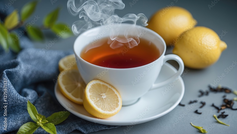 Freshly brewed tea with lemon slices in a white cup surrounded by fresh lemons and herbs on a soft textured background. Freshly brewed tea with lemon slices in a white cup surrounded by fresh lemons and herbs on a soft textured background.