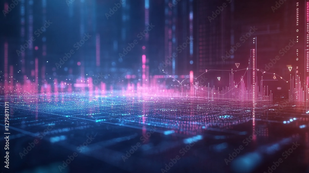 Obraz premium Financial Market Data, Abstract Background With Charts, Graphs, And Bright Neon Lines on Dark Blue