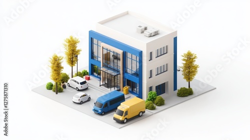 3D rendering of a medical clinic building in blue and white, with a parking lot and several cars on the left side.