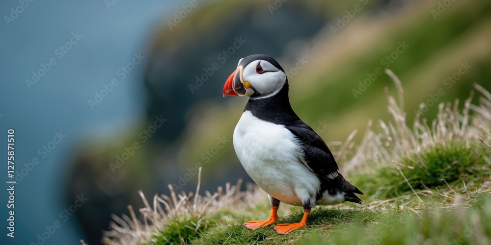 Atlantic Puffin Standing Gracefully on a Lush Grassy Cliff with Clear Blue Background and Space for Text Overlay Atlantic Puffin Standing Gracefully on a Lush Grassy Cliff with Clear Blue Background and Space for Text Overlay