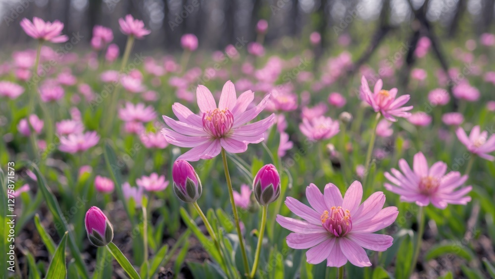 Blooming Pink Wildflowers in a Lush Meadow During Springtime with Soft Natural Lighting and Green Background Blooming Pink Wildflowers in a Lush Meadow During Springtime with Soft Natural Lighting and Green Background