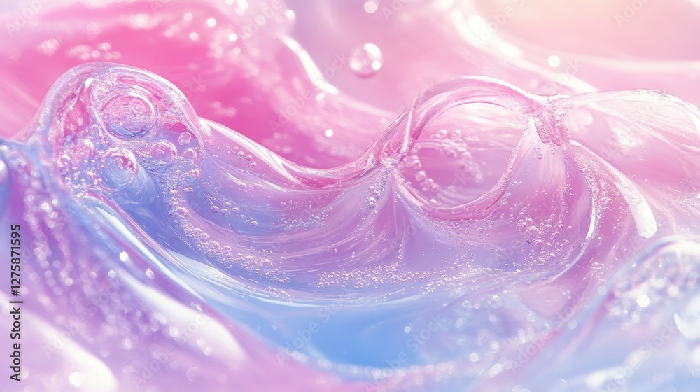 Obraz premium Abstract pastel pink and blue gel texture with air bubbles. Ideal for beauty, cosmetics, or skincare product backgrounds.