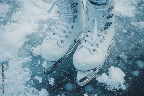 White ice skates on a frozen pond, covered with snow. Perfect for winter sports, holiday, and recreation themes. photo