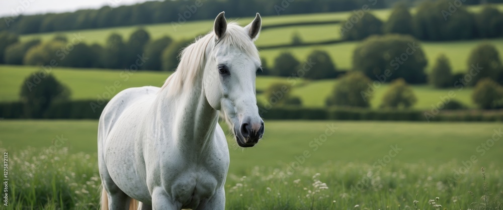 Majestic White Horse Grazing in a Lush Green Field Surrounded by Rolling Hills and Verdant Landscapes Majestic White Horse Grazing in a Lush Green Field Surrounded by Rolling Hills and Verdant Landscapes