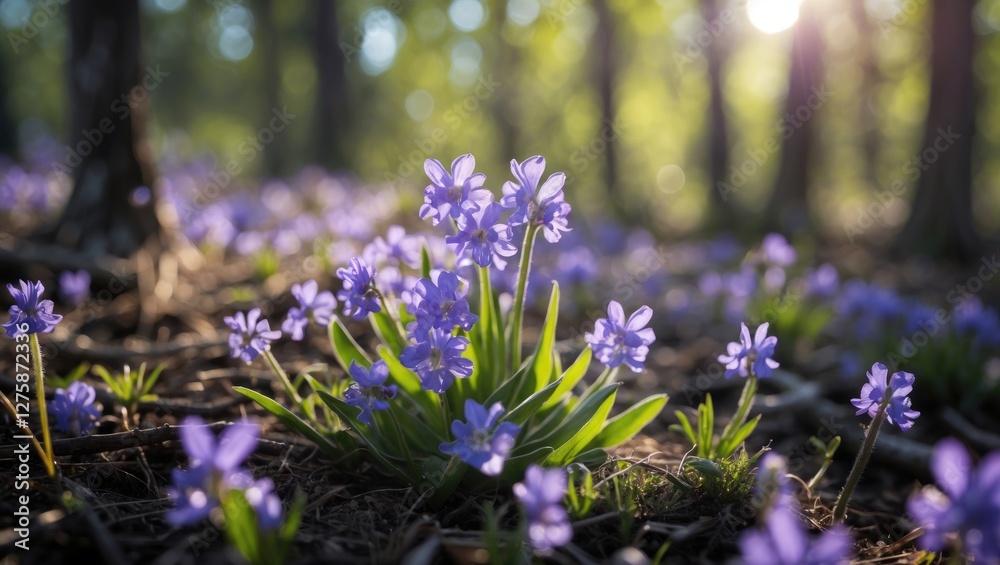 Obraz premium Vibrant Purple Wildflowers Illuminated by Gentle Sunlight in a Serene Forest Setting