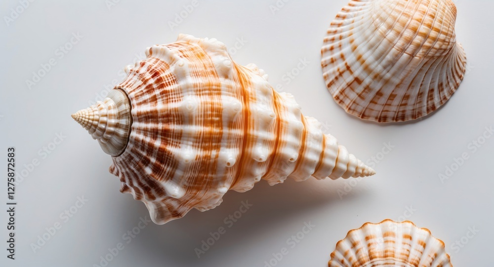 Close up view of three beautiful sea shells with intricate patterns on a clean white background showcasing nature's design. Close up view of three beautiful sea shells with intricate patterns on a clean white background showcasing nature's design.