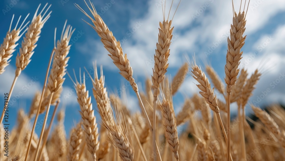 Fototapeta premium Close-Up of Golden Rye Against a Blue Sky Highlighting the Harvest Season and Natural Beauty of Agriculture