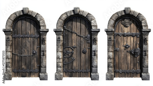 Cartoon set of medieval castle or dungeon doors isolated on white background. Vector illustration of old wooden gates with stone arch, iron chain and handles. Ancient prison, house, church entrance
