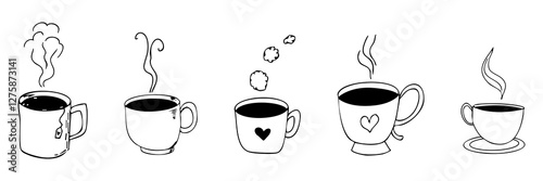 Tea or coffee cup with beverage and hot vapor steam hand drawn doodle line. Simple icon set mug sketch. Hot drinks Coffee, tea, cappuccino espresso, latte.