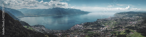 Aerial panorama of lake Geneva, Montreux and Vevey