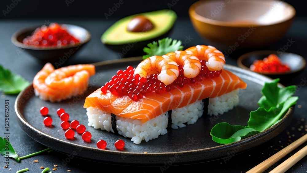 Gourmet Salmon Sushi Cake Garnished with Shrimp, Avocado, and Red Caviar on Elegant Plate with Copy Space for Text Gourmet Salmon Sushi Cake Garnished with Shrimp, Avocado, and Red Caviar on Elegant Plate with Copy Space for Text