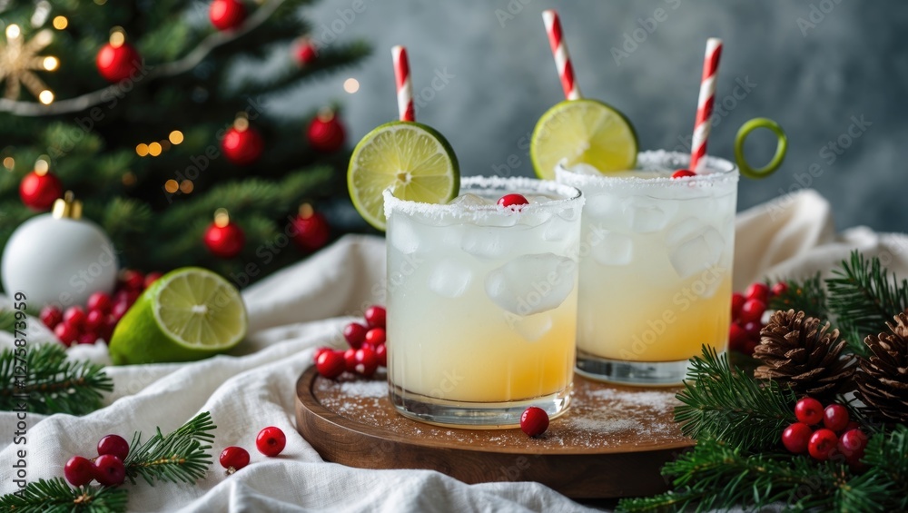 Festive White Christmas Margarita Punch with Lime Garnish on Wooden Tray Surrounded by Holiday Decor and Empty Copy Space for Text