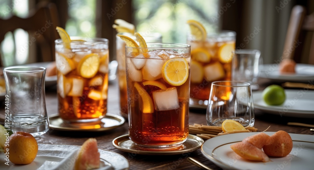 Refreshing Sweet Iced Tea Served at a Dining Table Surrounded by Fresh Fruits and Ice for a Perfect Summer Beverage Experience Refreshing Sweet Iced Tea Served at a Dining Table Surrounded by Fresh Fruits and Ice for a Perfect Summer Beverage Experience