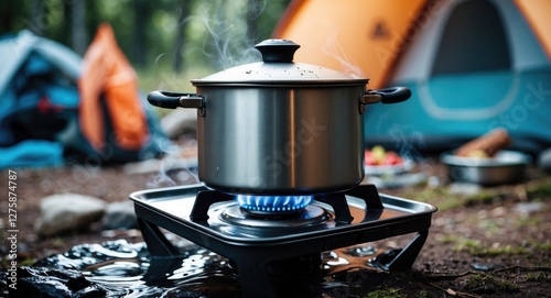 Fototapeta Naklejka Na Ścianę i Meble -  Portable gas stove in outdoor camping setting with boiling pot and steam, showcasing nature cooking and outdoor adventure. Selective focus image.