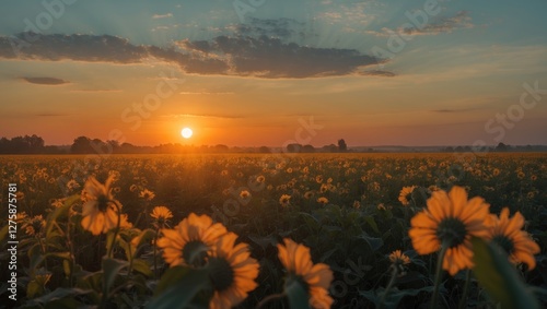 Sunset Over Sunflower Field with Dramatic Sky and Vibrant Colors in a Serene Landscape photo