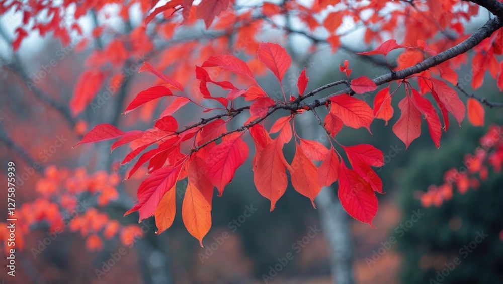 Vibrant Autumn Foliage of Rowan Tree with Striking Red and Orange Leaves Against a Soft Background Vibrant Autumn Foliage of Rowan Tree with Striking Red and Orange Leaves Against a Soft Background
