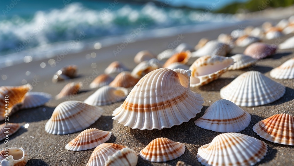 Seashells On Sandy Beach With Gentle Waves In Background Ideal For Summer Themes And Text Overlay Solutions Seashells On Sandy Beach With Gentle Waves In Background Ideal For Summer Themes And Text Overlay Solutions