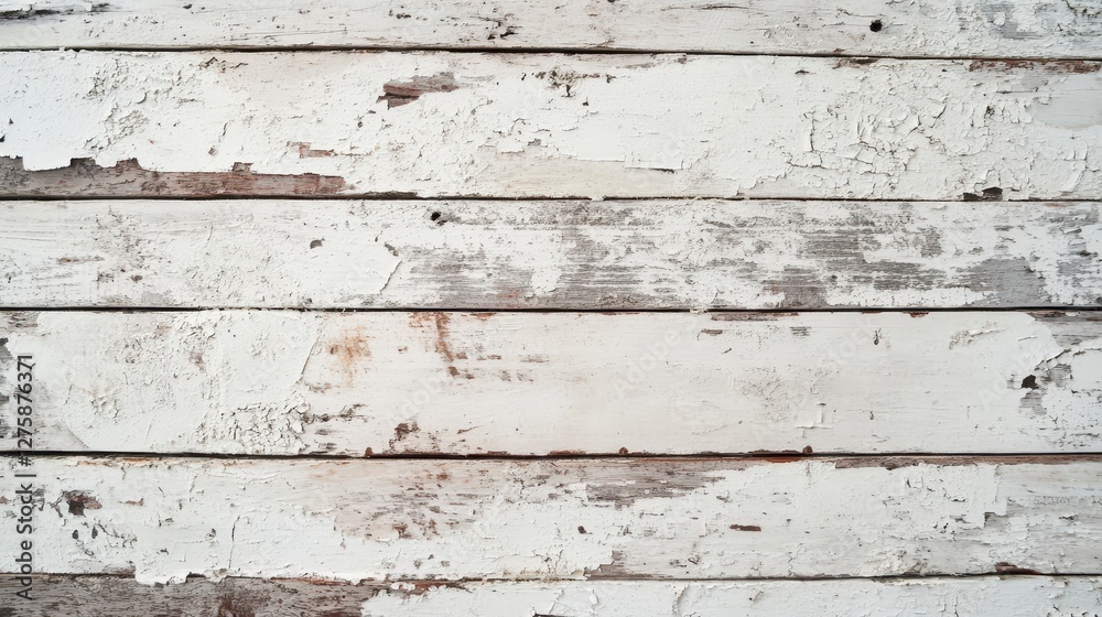 Naklejka premium A rustic wooden background showcasing weathered white paint and peeling textures, perfect for a vintage or shabby chic aesthetic.