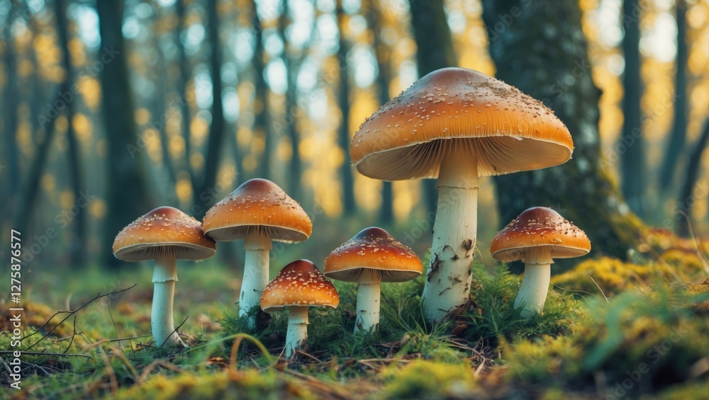 Fototapeta premium Vibrant Mushrooms in a Sunlit Forest Setting with Ample Blank Space for Textual Overlay