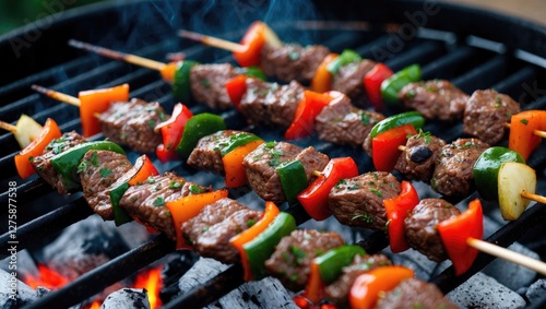 Grilled Marinated Beef Skewers with Colorful Vegetables on Charcoal Barbecue Grill Creating a Flavorful Outdoor Cooking Scene. photo