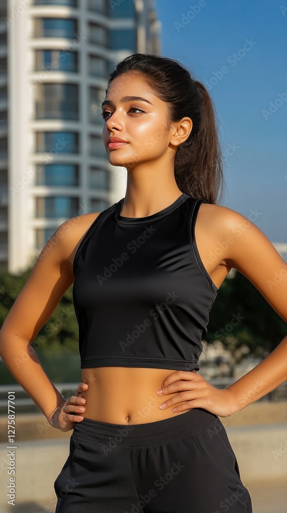 Young woman practicing yoga outdoors in a modern urban setting during the afternoon with a confident posture and athletic wear Young woman practicing yoga outdoors in a modern urban setting during the afternoon with a confident posture and athletic wear