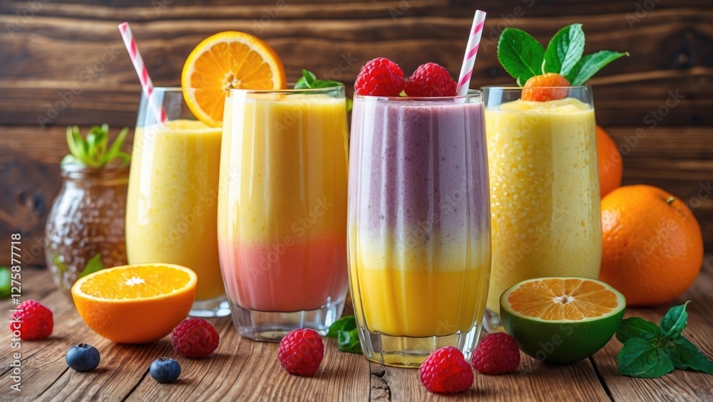 Fototapeta premium Colorful Fruit Smoothies in Glasses with Fresh Raspberries and Oranges on Wooden Table Healthy Beverage for Weight Loss and Refreshment