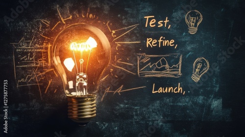 Glowing Lightbulb with Chalkboard Drawings of Business Process