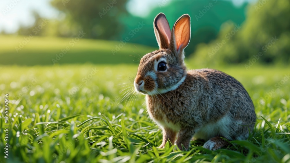 Rabbit Sitting On Lush Green Grass Under Bright Summer Sunlight With Space For Text Impression Rabbit Sitting On Lush Green Grass Under Bright Summer Sunlight With Space For Text Impression