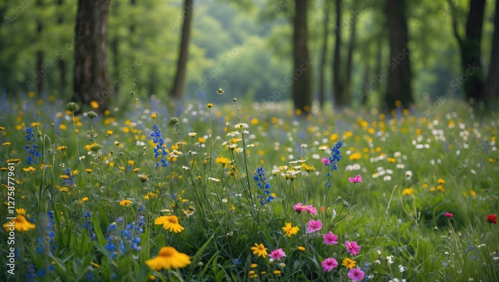 Fototapeta premium Vibrant Wildflower Meadow Surrounded By Lush Green Trees In A Serene Forest Environment