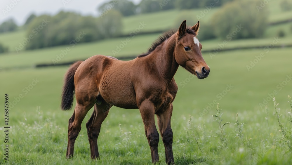 Fototapeta premium Brown Colt Standing Gracefully in Lush Green Meadow Under Soft Natural Light