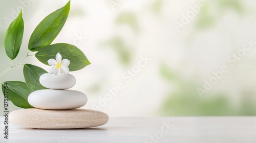 Close up of stacked zen stones, delicate white flower, and vibrant green leaves against a softly blurred background. Focus on balance, tranquility, and the harmony of nature in a serene setting.