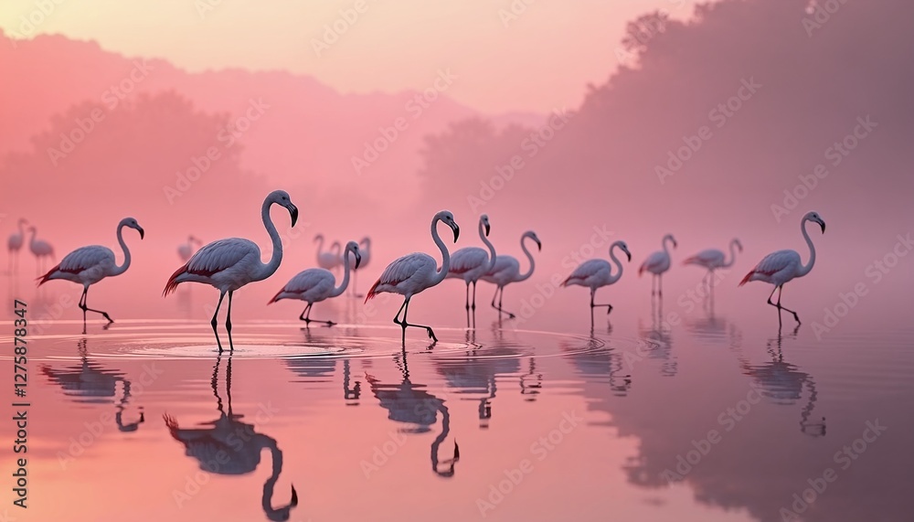 Obraz premium Elegant flamingos walking through misty waters at dawn with soft pastel reflections