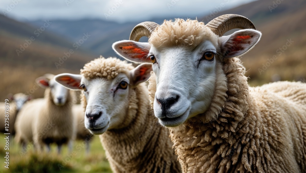 Highland Sheep Grazing in Scenic Landscape with Rolling Hills and Dramatic Skies Highland Sheep Grazing in Scenic Landscape with Rolling Hills and Dramatic Skies