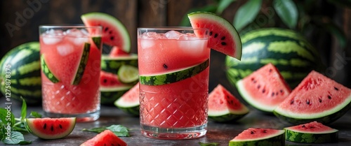 Refreshing Summer Watermelon Drinks in Glasses Surrounded by Fresh Slices and Watermelons on a Rustic Table with Blank Space for Text photo