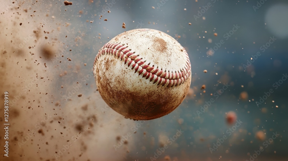 A close-up shot of a baseball, covered in dirt, soaring through the air amidst a cloud of dust, capturing the intensity of the game. A close-up shot of a baseball, covered in dirt, soaring through the air amidst a cloud of dust, capturing the intensity of the game.