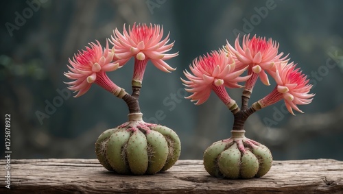 Adenium plants with beautiful pink flowers showcasing unique tuberous structures against a blurred natural background with space for text.